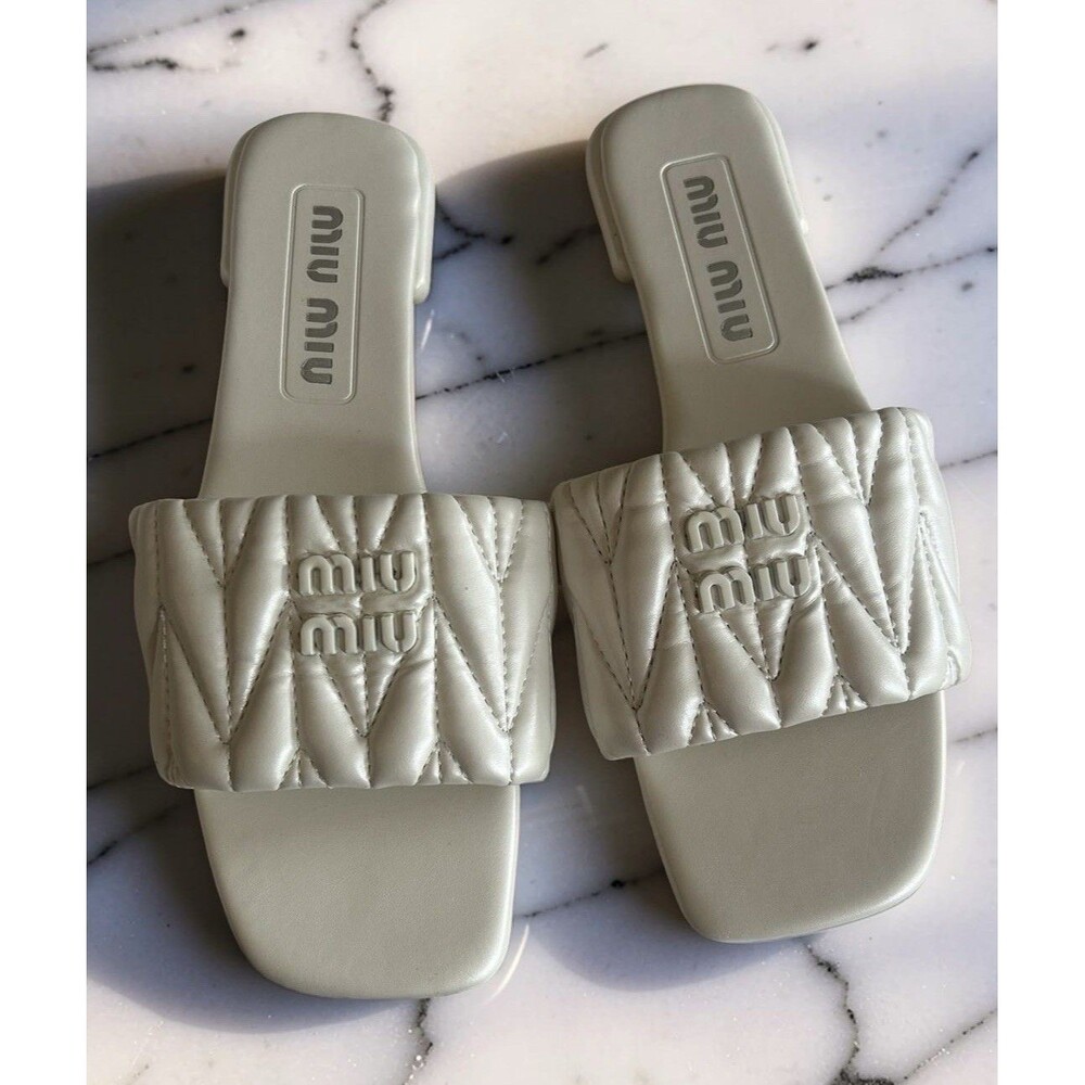 Miu Miu Women's White Quilted Logo Leather Slide Sandals US 9 EU 39